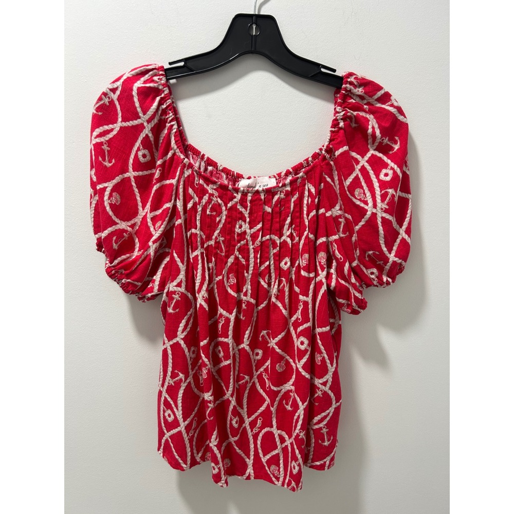 Land 'n Sea Red Nautical Rope Anchor Print Puff Sleeve Linen Blend Top Medium